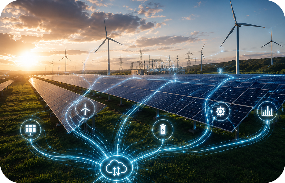 Solar and wind farm connected by intelligent energy control