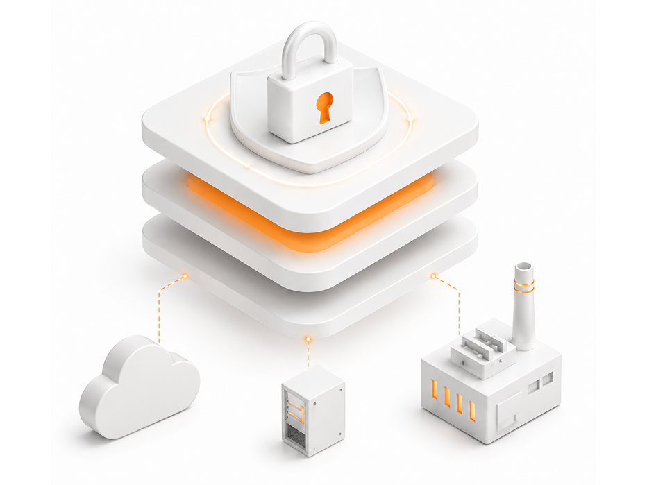 Cybersecure OT/IT — trust layer protecting plant, edge, and cloud