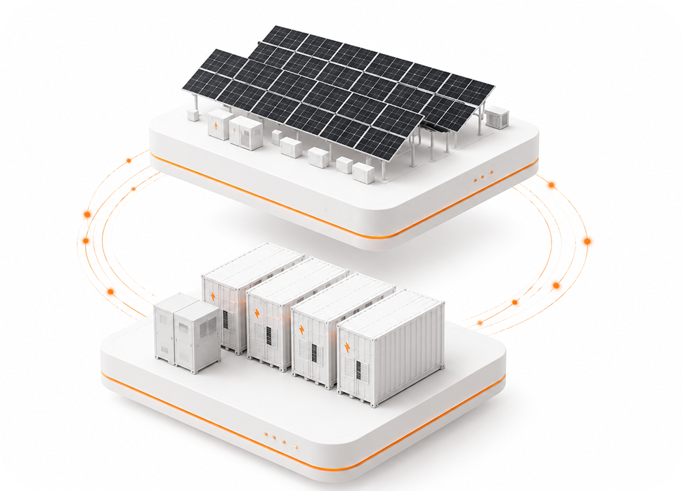 Digital Twin — live solar and BESS plant models connected by real-time data orbits