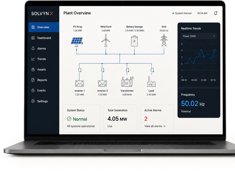 Solvyn X SCADA plant overview dashboard on a laptop