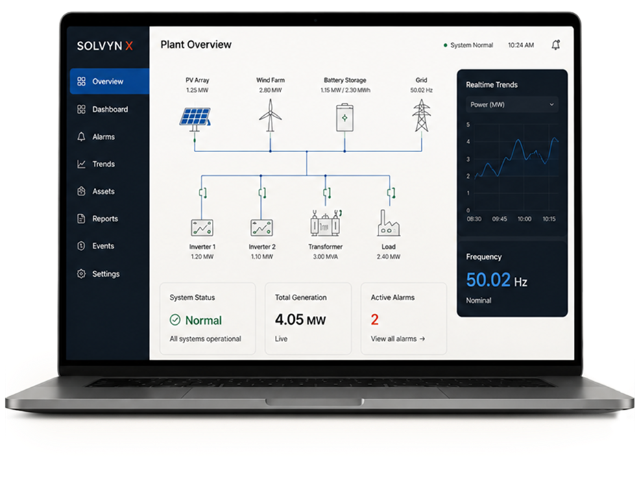Solvyn X SCADA plant overview dashboard on a laptop