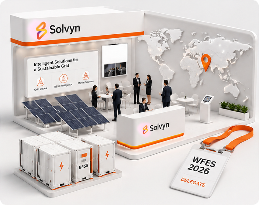 Solvyn booth at World Future Energy Summit 2026 in Abu Dhabi, with BESS units, solar panels, and delegates in conversation