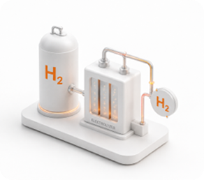 Hydrogen tank and electrolyser stack illustration representing hydrogen and electrolyser patents